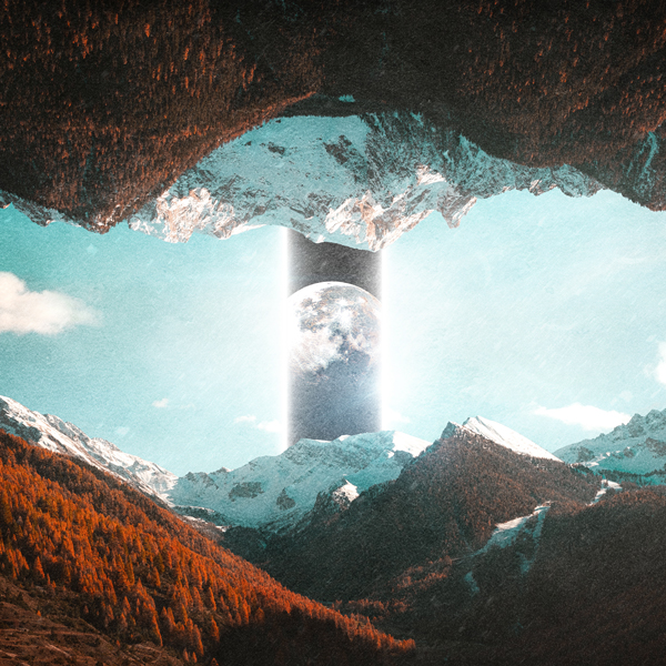 thumbnail of a digital art piece representing mountains, one is inverted in the sky and there's a portal with a moon in between the landscapes